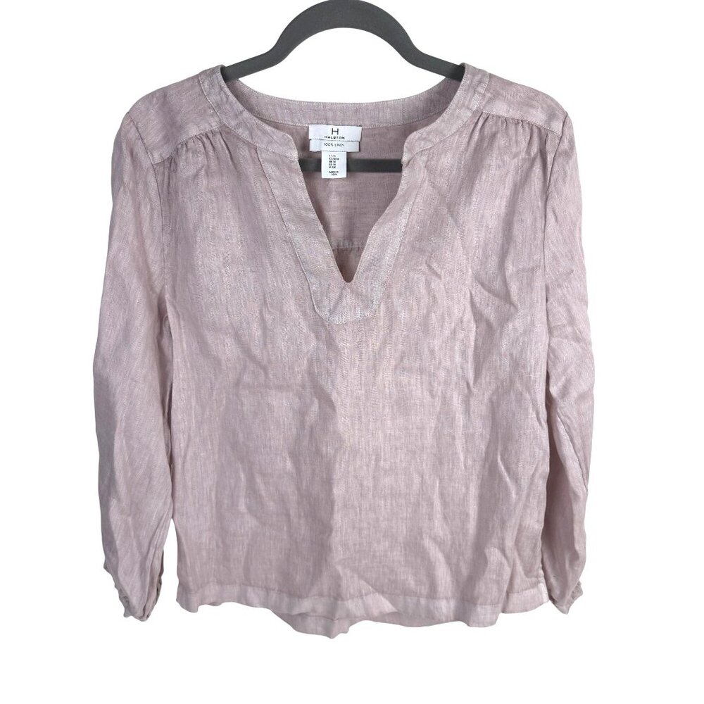H by Halston Women's Lavender 100% Linen 3/4 Sleeve V-Neck Top Size M